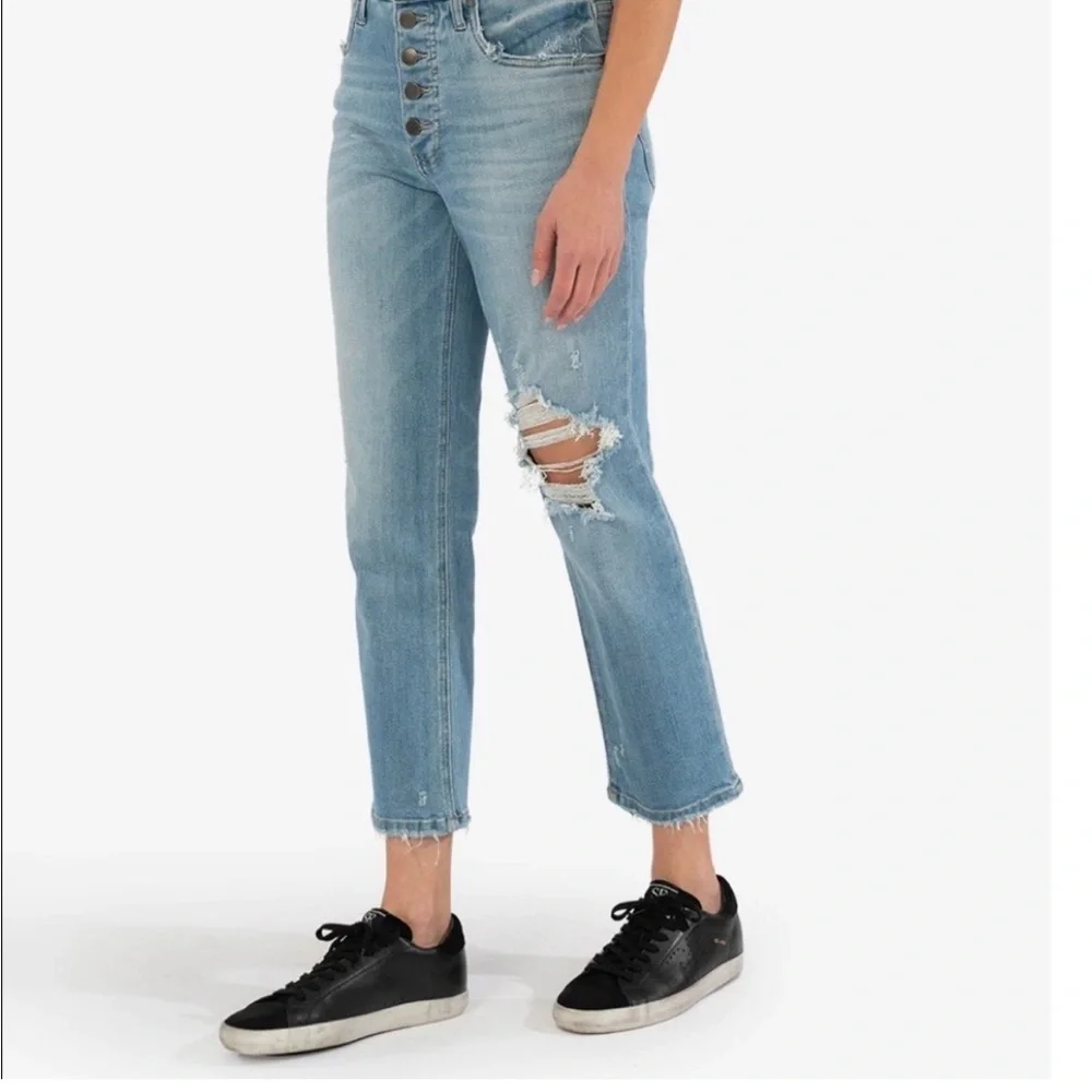 Kut From The Kloth High Rise Distressed Button Fly Jeans Blue 12 KP1392MA1 - Picture 12 of 12